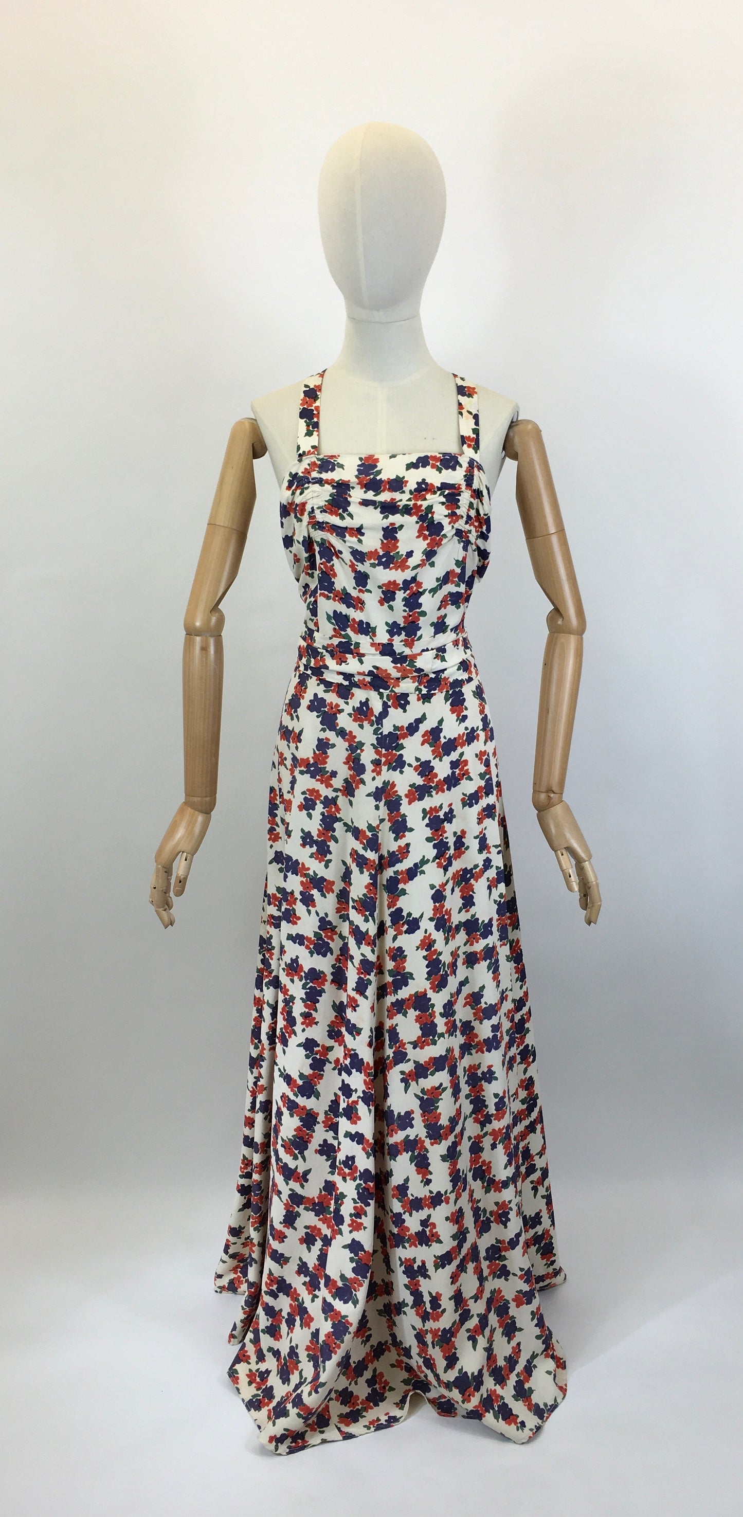 Original Late 1930’s Stunning Evening Gown - Navy & Coral Red Floral Rayon