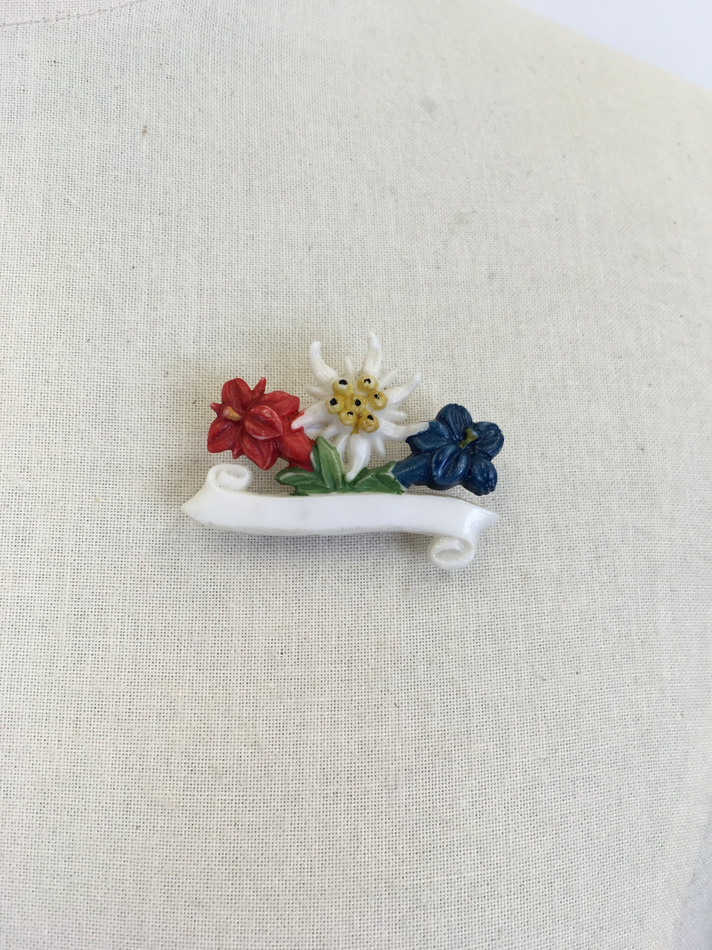 Original 1940’s Early Plastic Floral Brooch - In White, Red, Blue, Yellow & Green
