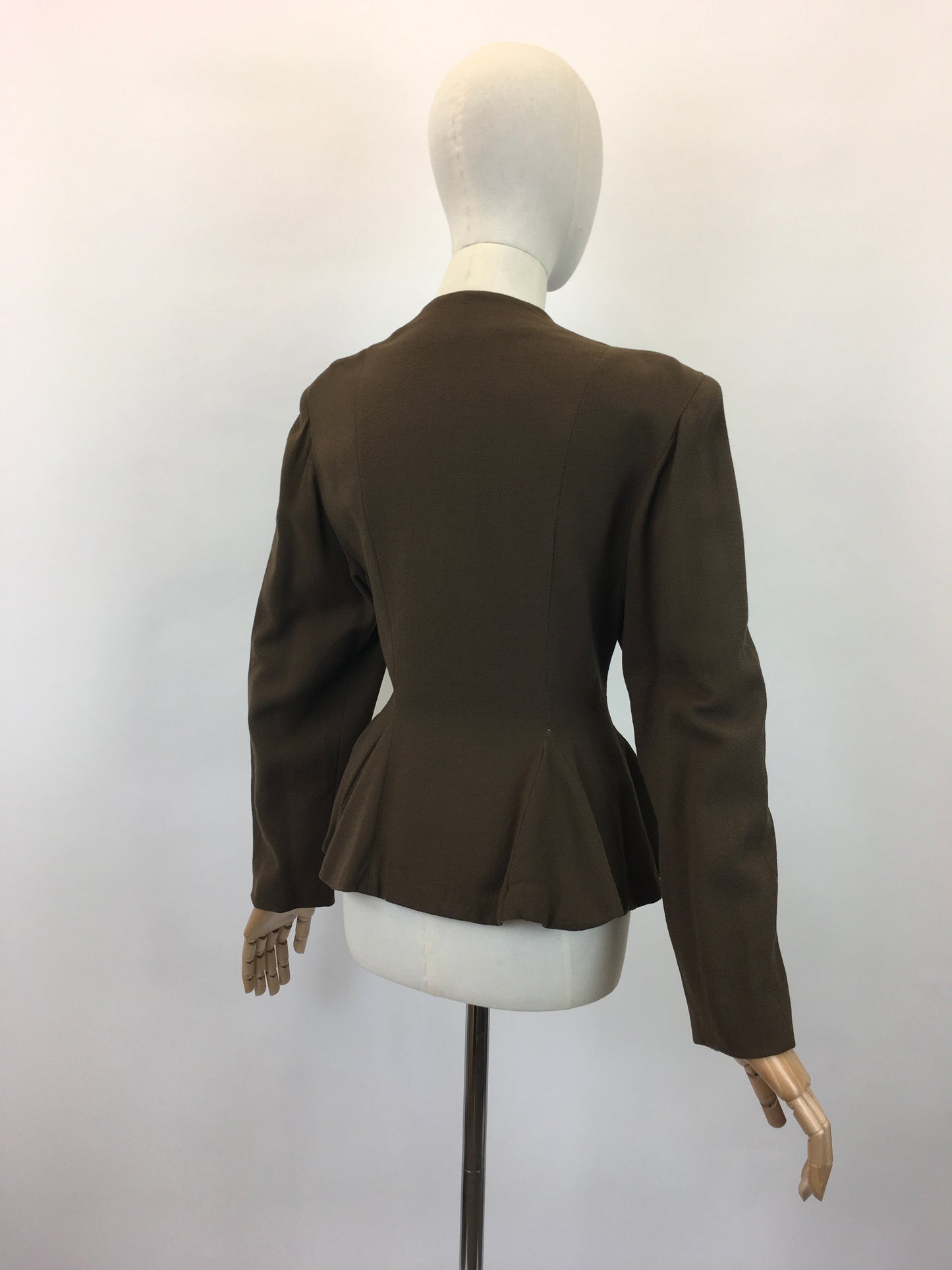 Original 1940's Stunning Crepe Jacket With Peplum - In Chocolate Brown with Flower Petal Buttons