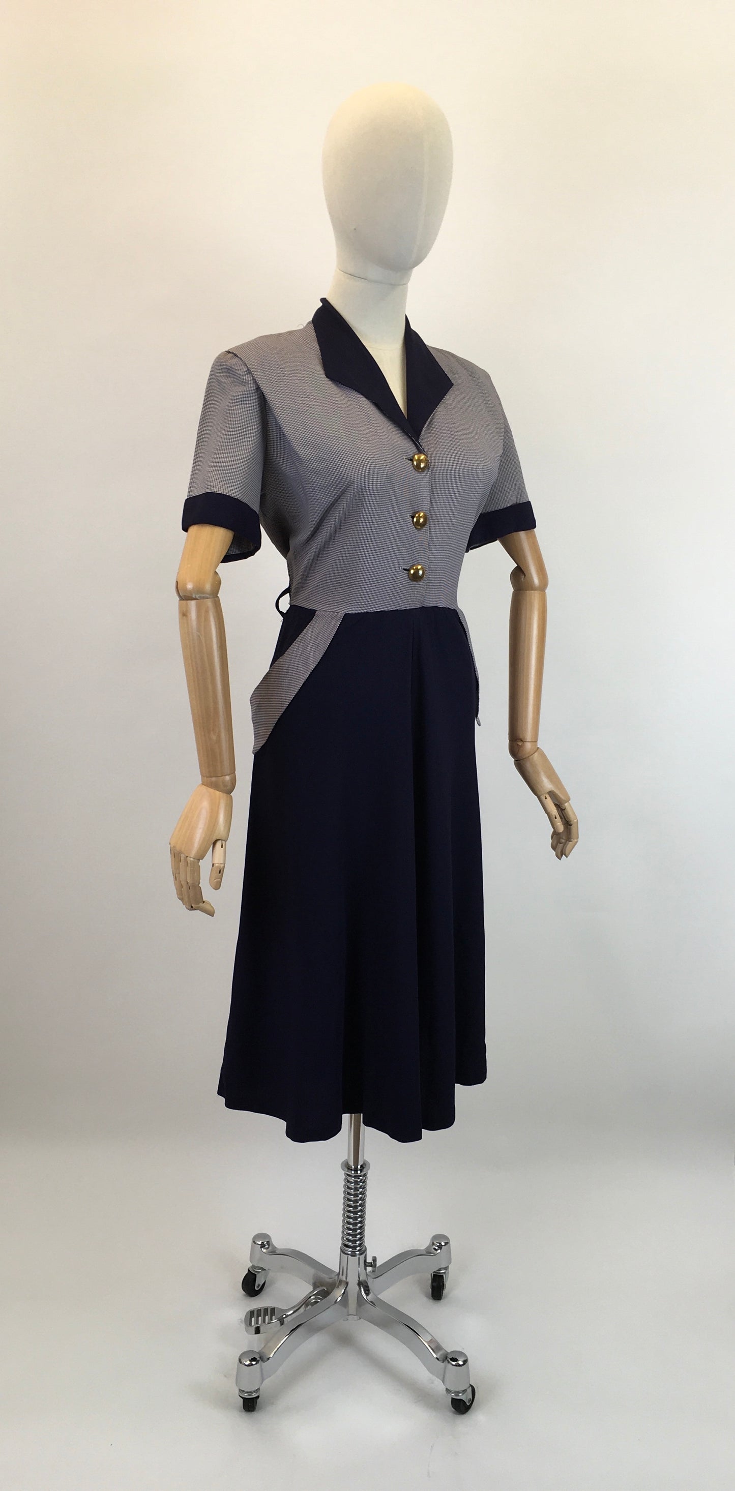 Original 1940’s Fabulous Rayon Dress - In Navy Dogs-tooth and Navy Colour Block
