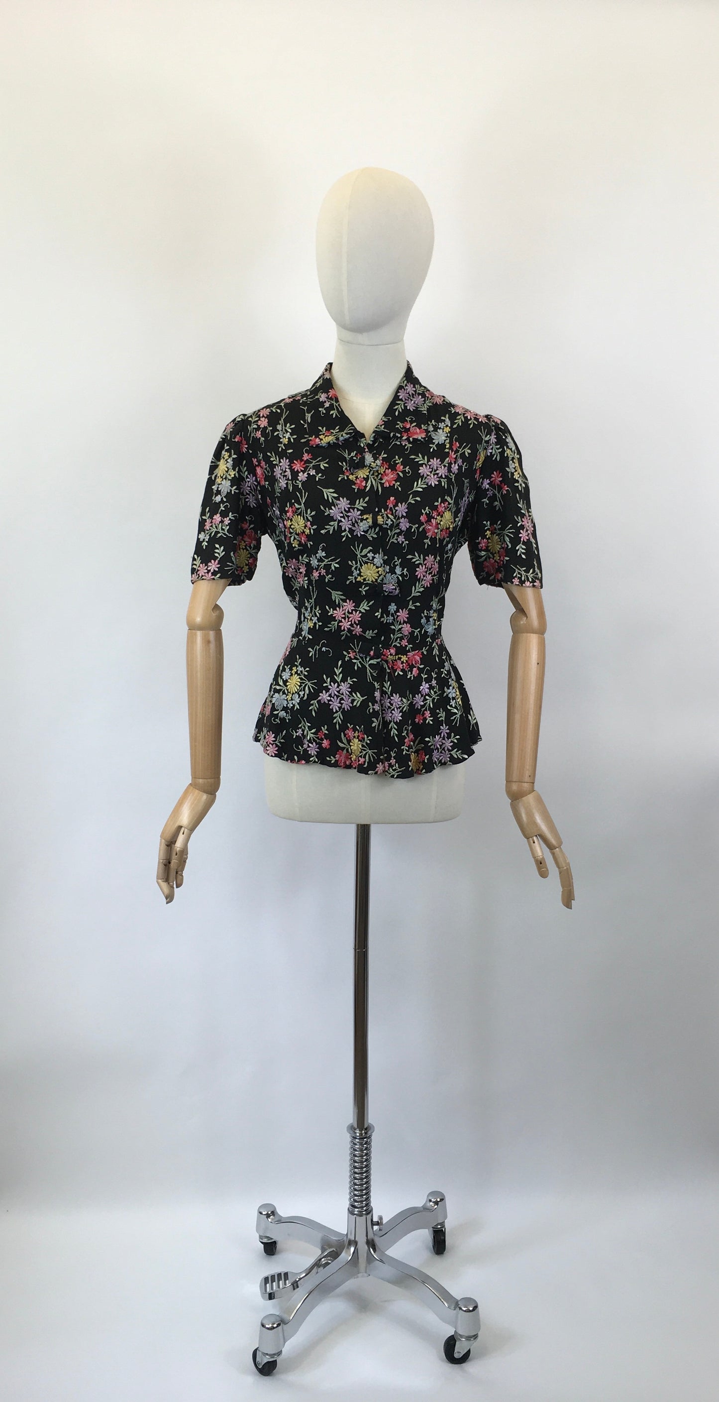 Original 1930’s Black Crepe Embroidered Blouse with Bows - In A Wild Flower Meadow Colour Pallet