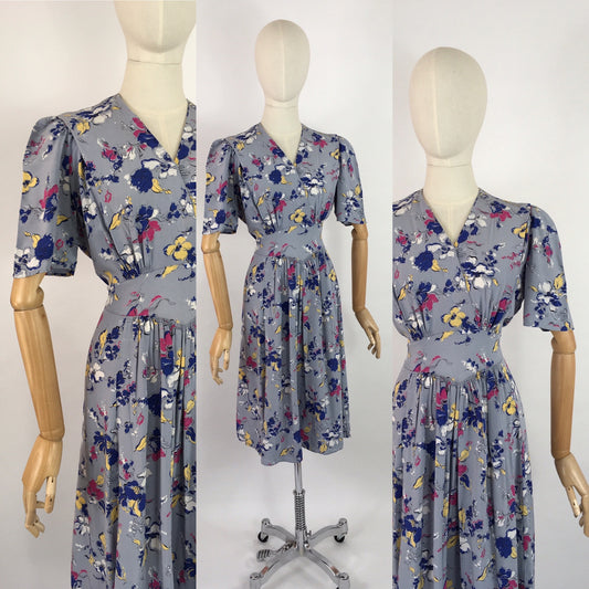 Original 1940s Cornflower Blue Floral Dress - With a Beautiful 40’s Silhouette