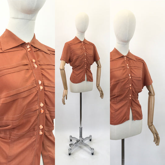 Original 1940's Stunning Silk Blouse by ' Judy Bond' - In A Warm Cinnamon Spice