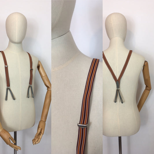 Original late 1950s Mens Button Braces - In a Fabulously Fun Orange and Burgundy Stripe