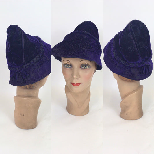 Original 1930’s Sensational Cone Shaped Hat - In A Sublime Cadbury Rich Purple Velvet