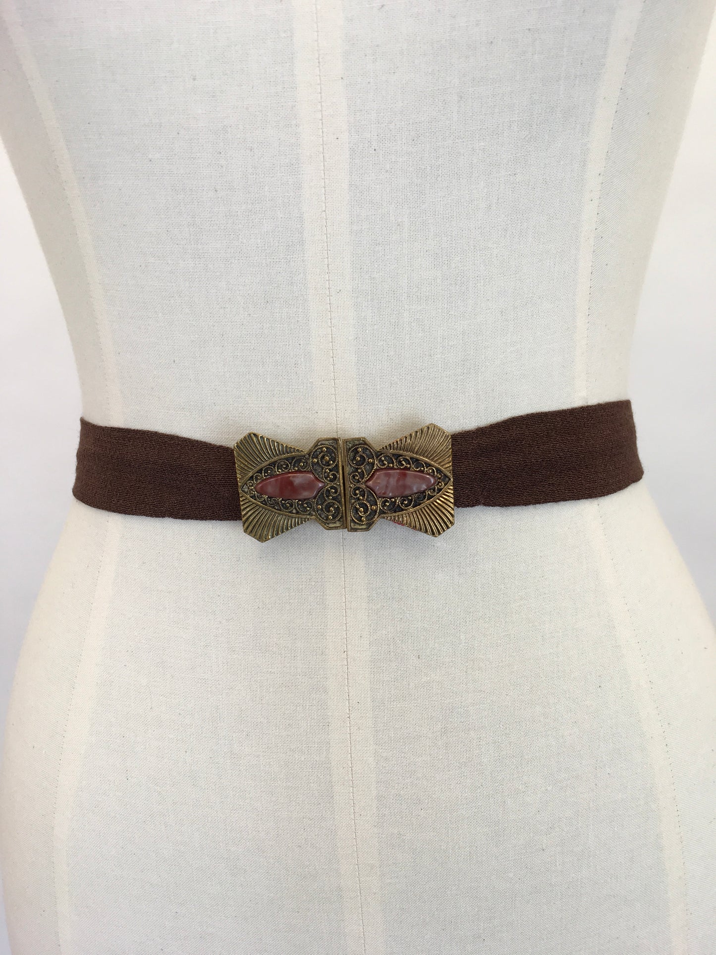 Original 1930s Deco Belt - With Deco Metal Buckle and Warm Brown Crepe Banding