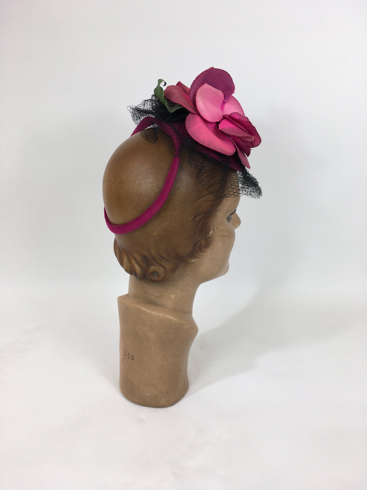 Original 1940’s Stunning Toy Topper Tilt Hat - In Cerise Pink with Floral Millinery and Veiling