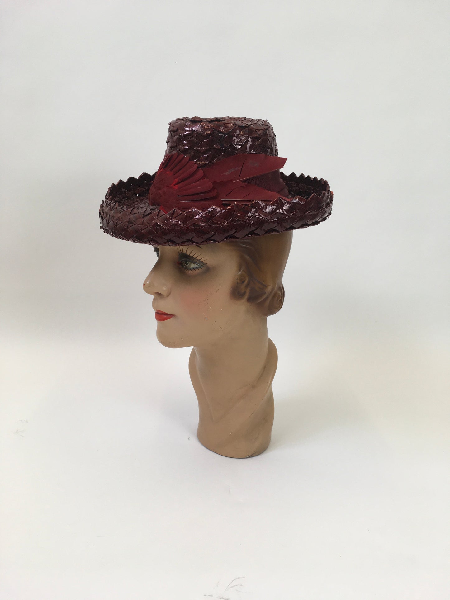 Original 1940's Sensational Raffia Hat with Feather Adornment - In A Warm Red Wine