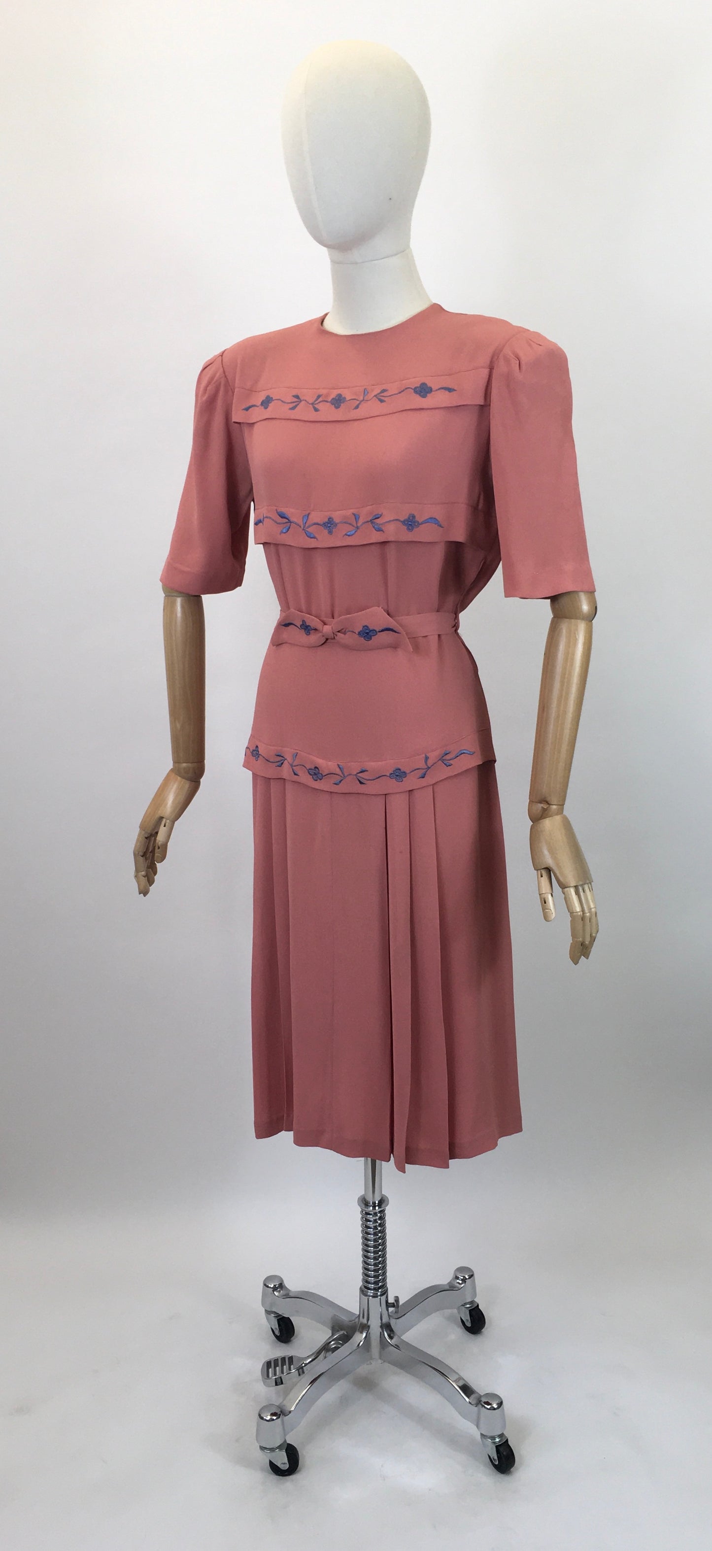 Original 1940's Stunning Blush Crepe Dress with Embroidered Details in Forget Me Not Blue - ' A Frederick Gown Label'