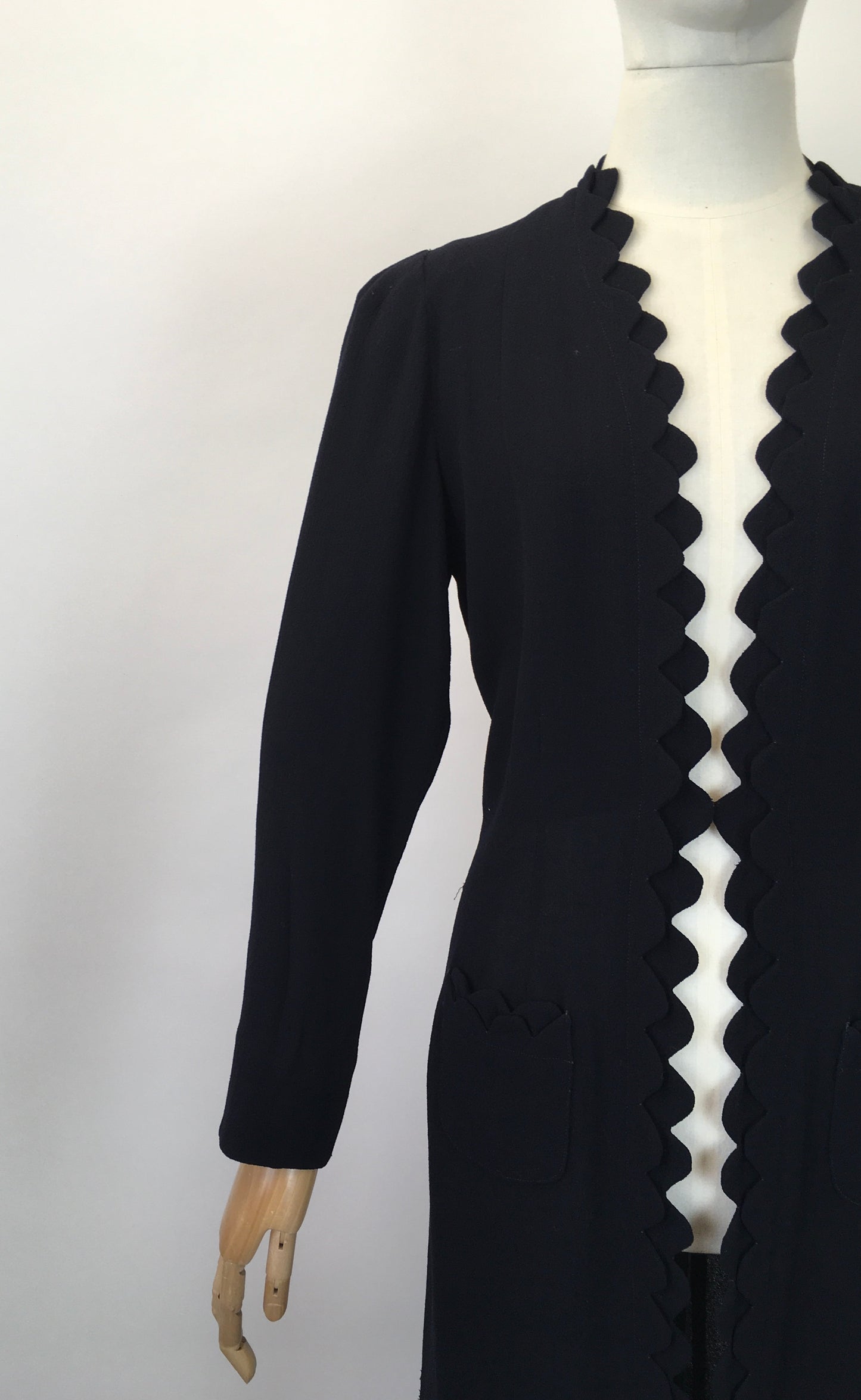 Original 1930's Exquisite Double Scalloped Edge to Edge Overcoat - In A Classic Navy Crepe