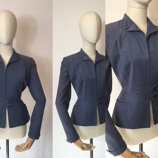 Original 1940’s Blue Jacket - With Stunning Diamond Detailing and Nipped In Waist