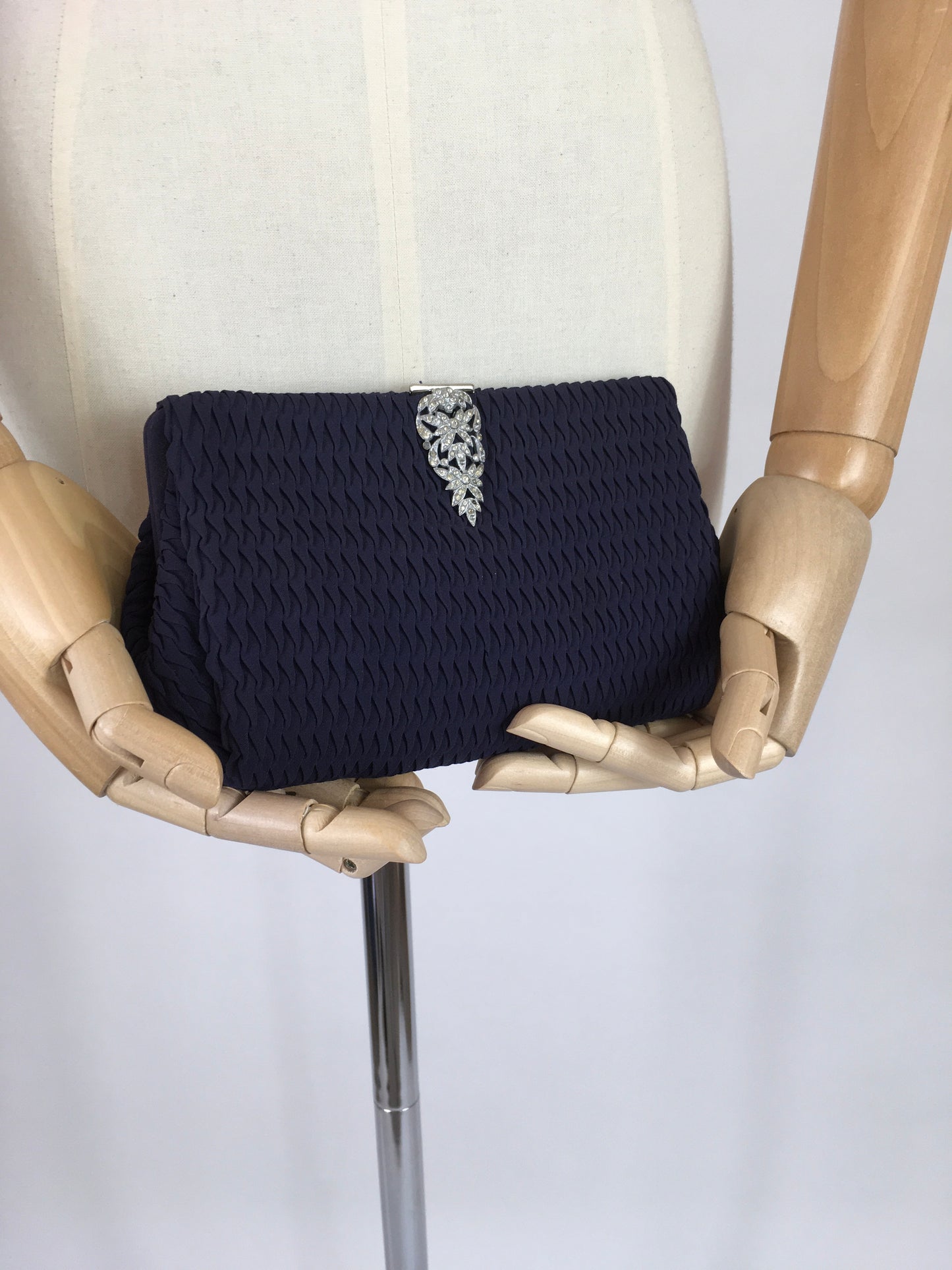 Original 1930s Midnight Blue Evening Bag - In a Pleated Crepe with Paste Clasp