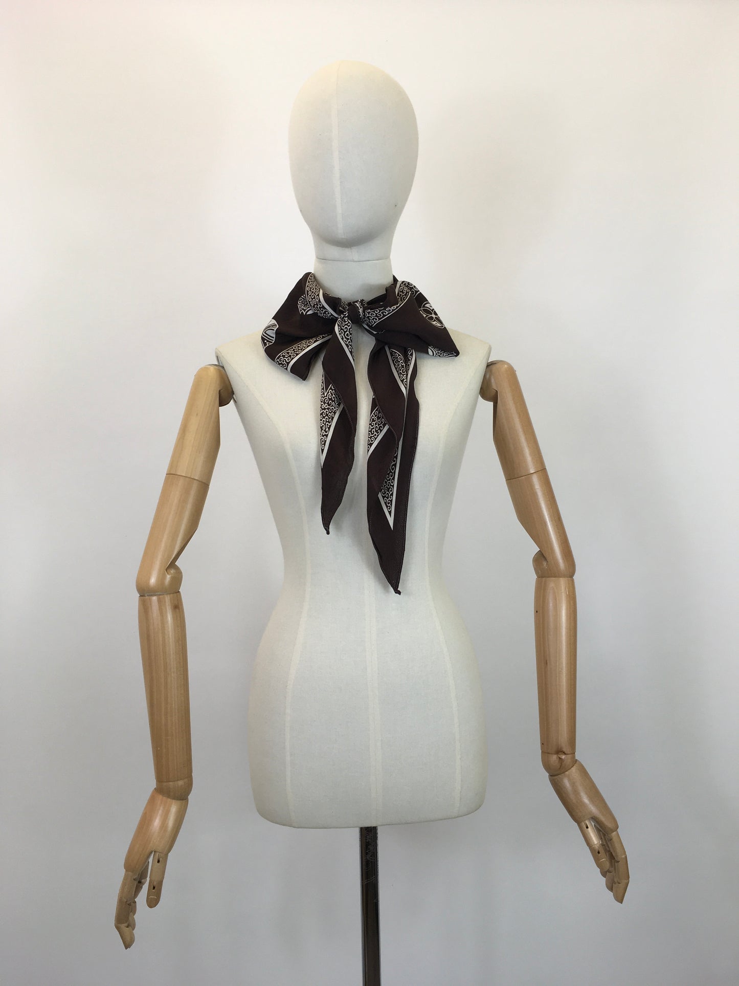 Original 1930's / 1940's Rayon Silk Deco Scarf - In A Chocolate Brown and Off White