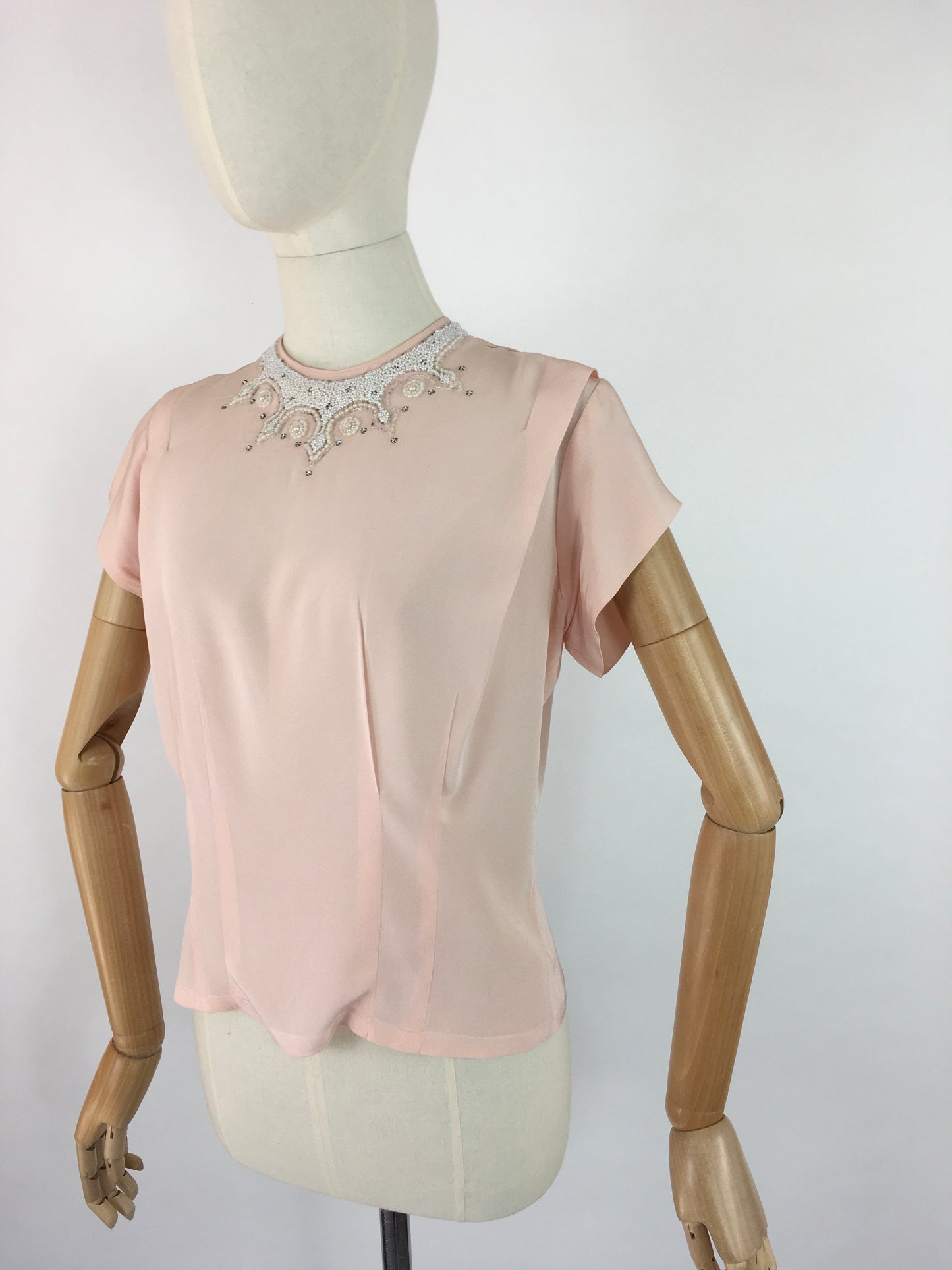 Original 1940s Soft Pink Blouse - With Beautiful Beaded Yoke Detailing