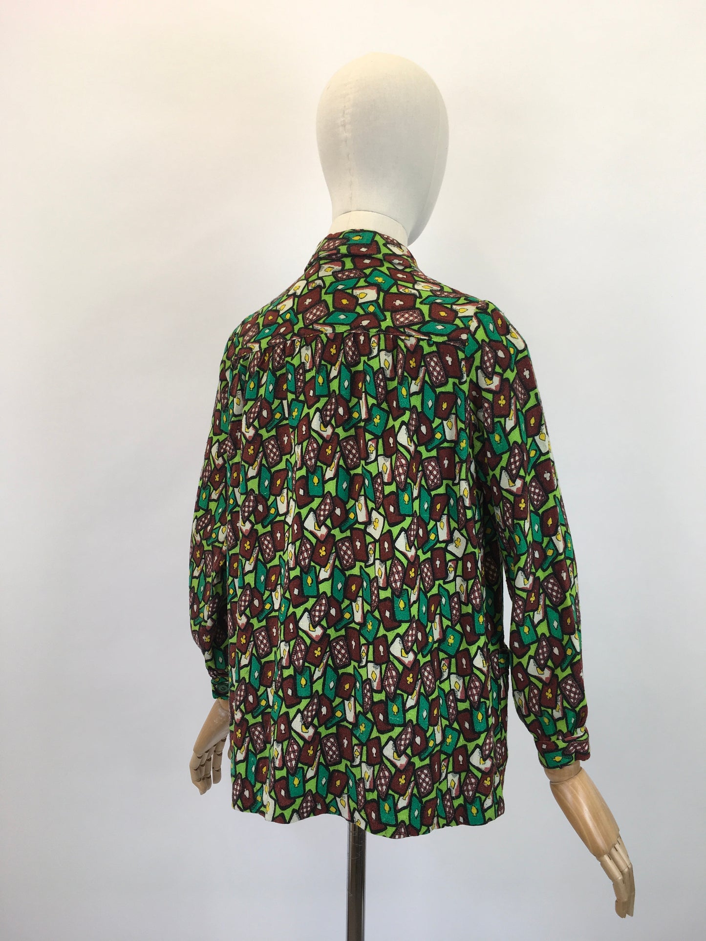 Original 1940's Fabulous Novelty Print ' Playing Cards' Smock - In Chartreuse, Emerald Green, Yellow & Brown