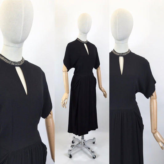 Original 1940’s CC41 Utility Black Crepe Dress - With Keyhole Neckline and Beadwork