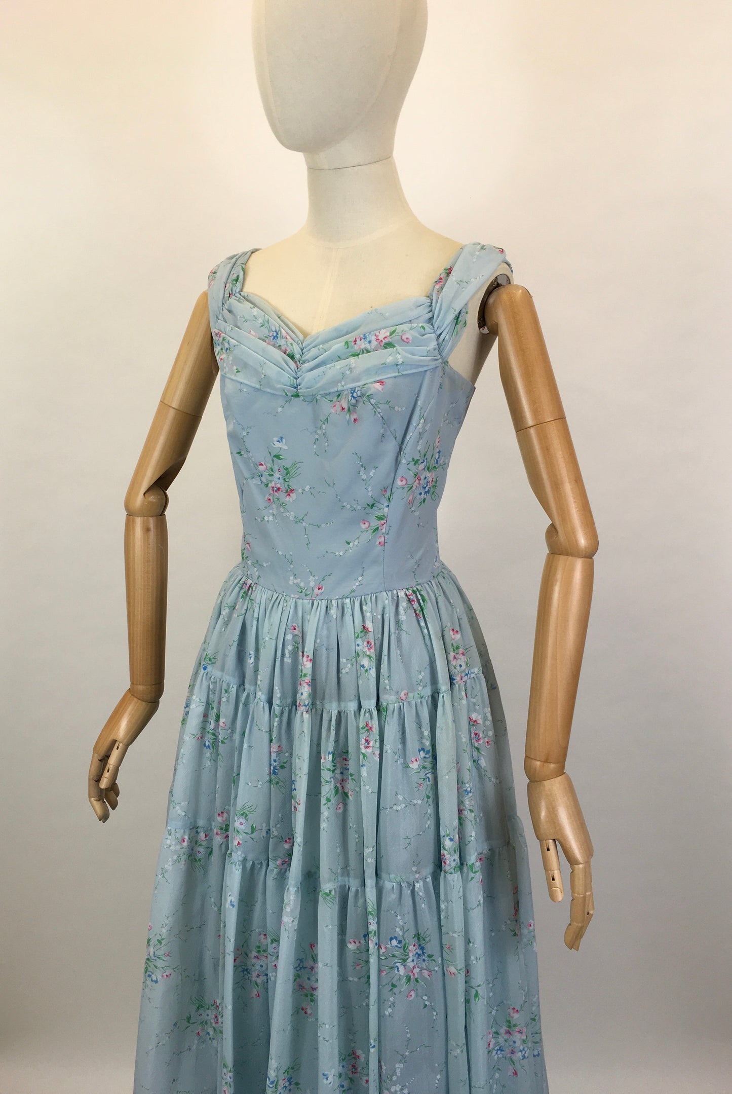 Original 1950’s Darling Full Length Prom Dress - In A Lovely Powder Blue Floral Tulle.