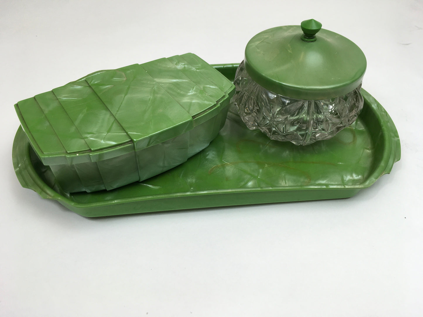 Original 1940’s ‘ Hellex Made In England ‘ Vanity Set - In Art Deco Green