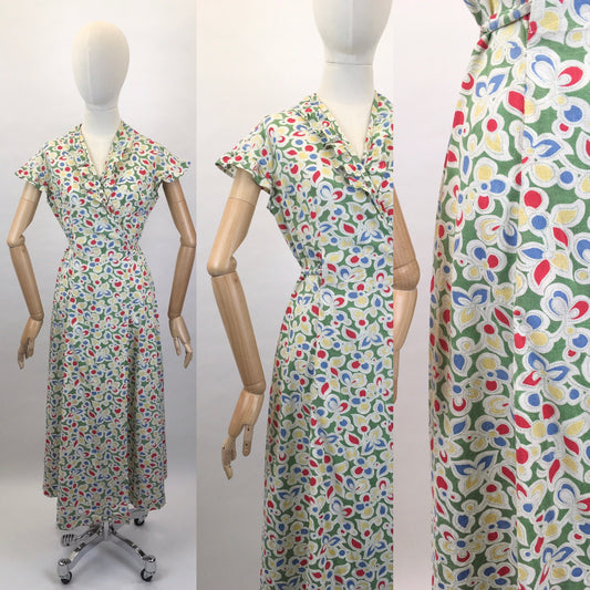 Original Late 1930s Early 1940’s Wrap Dress - In A Beautiful Colour Palette of Deco Green, Yellow, Red and Blue