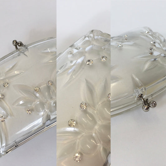 Original 1950’s Clear Lucite Clutch Bag - With Carved Floral And Rhinestone Embellishments