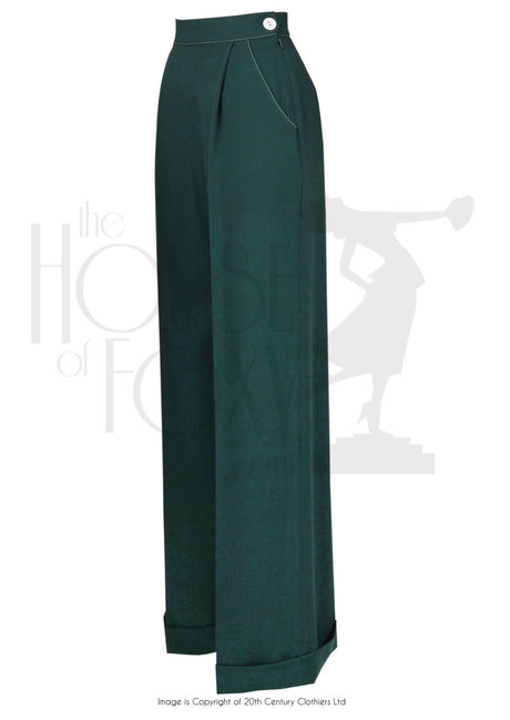 House Of Foxy 1940’s Hepburn Pleated Trousers in Bottle Green