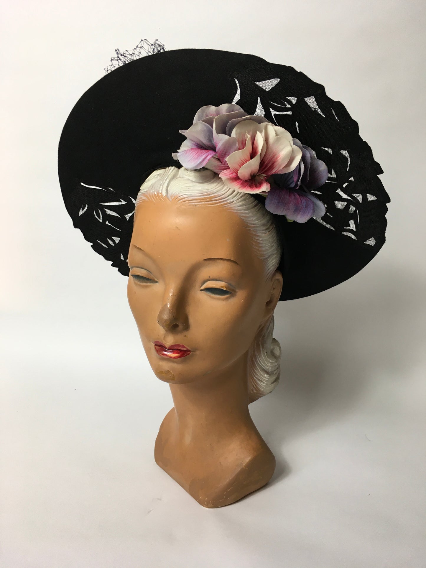 Original 1940’s Black Halo Hat - Illusion cutwork detailing and Floral Adornment