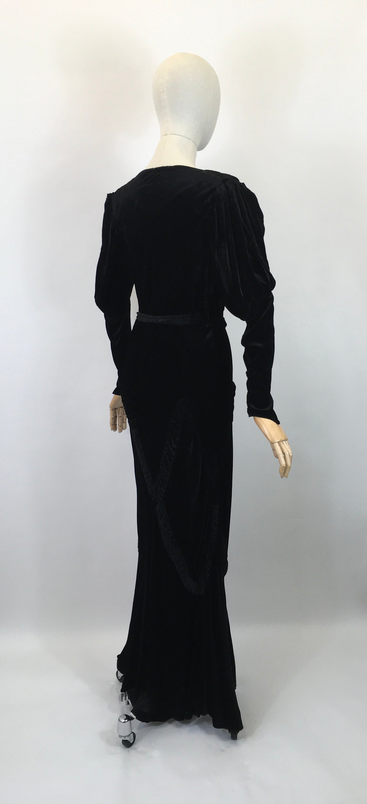 Original 1930's Divine Silk Velvet Evening Gown - With Exquisite Pleated Details and Art Deco Buckle