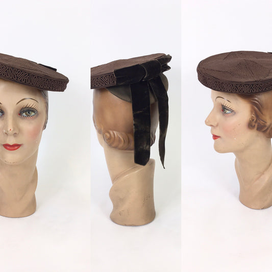 Original 1940’s American Corde Tilt Hat in Chocolate Brown - Stunning Example with Back Plate & Velvet Ribbon