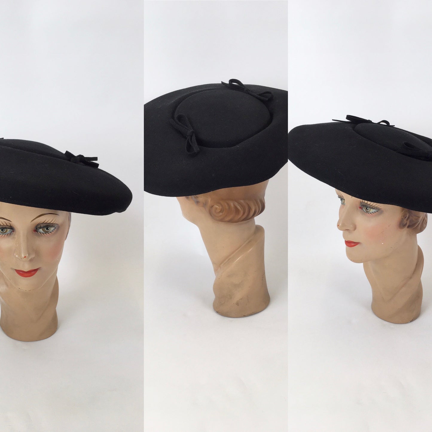 Original 1950’s Black Platter Hat - Stunning New Look Style Shape with Bow Adornments