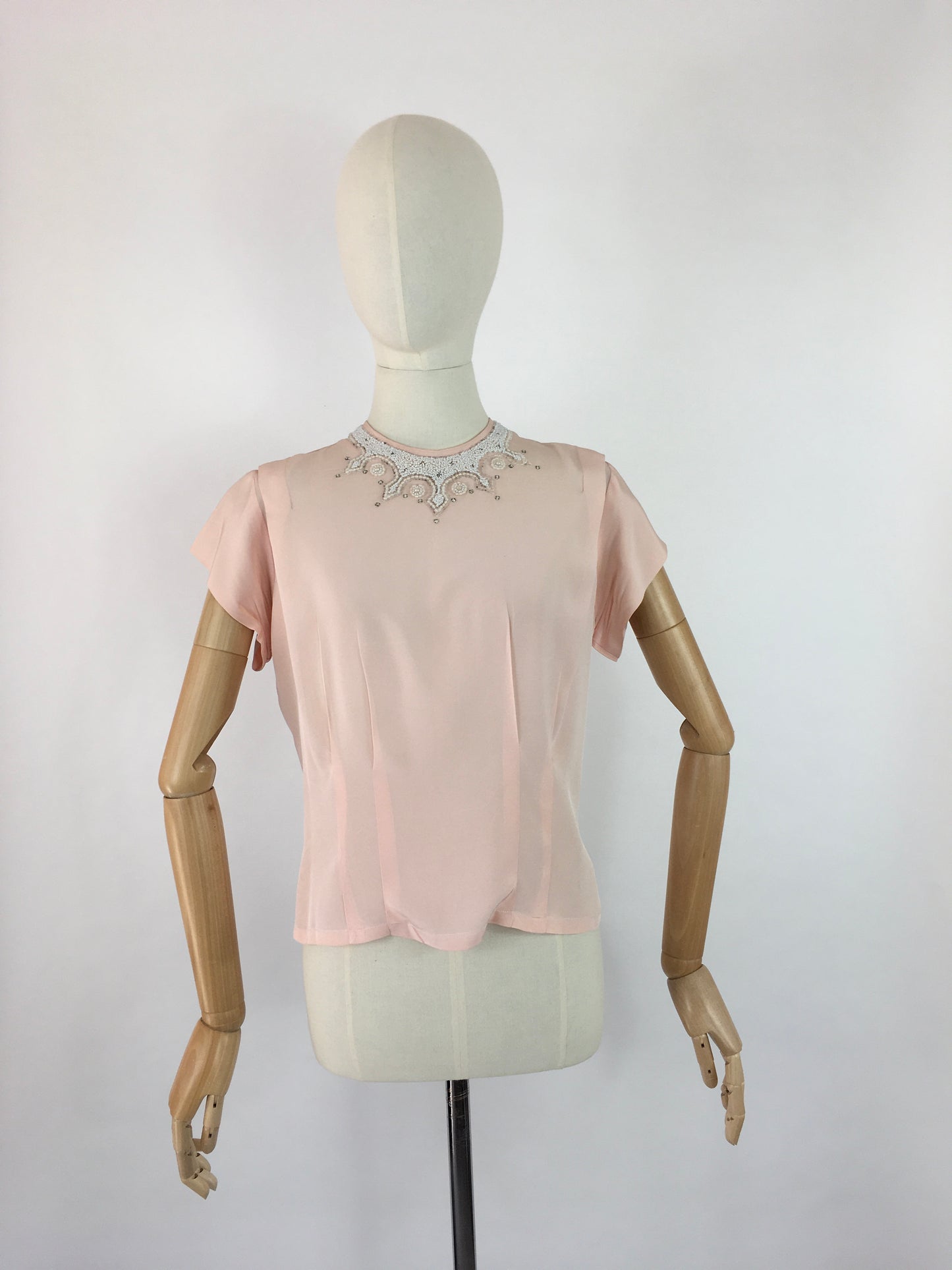 Original 1940s Soft Pink Blouse - With Beautiful Beaded Yoke Detailing