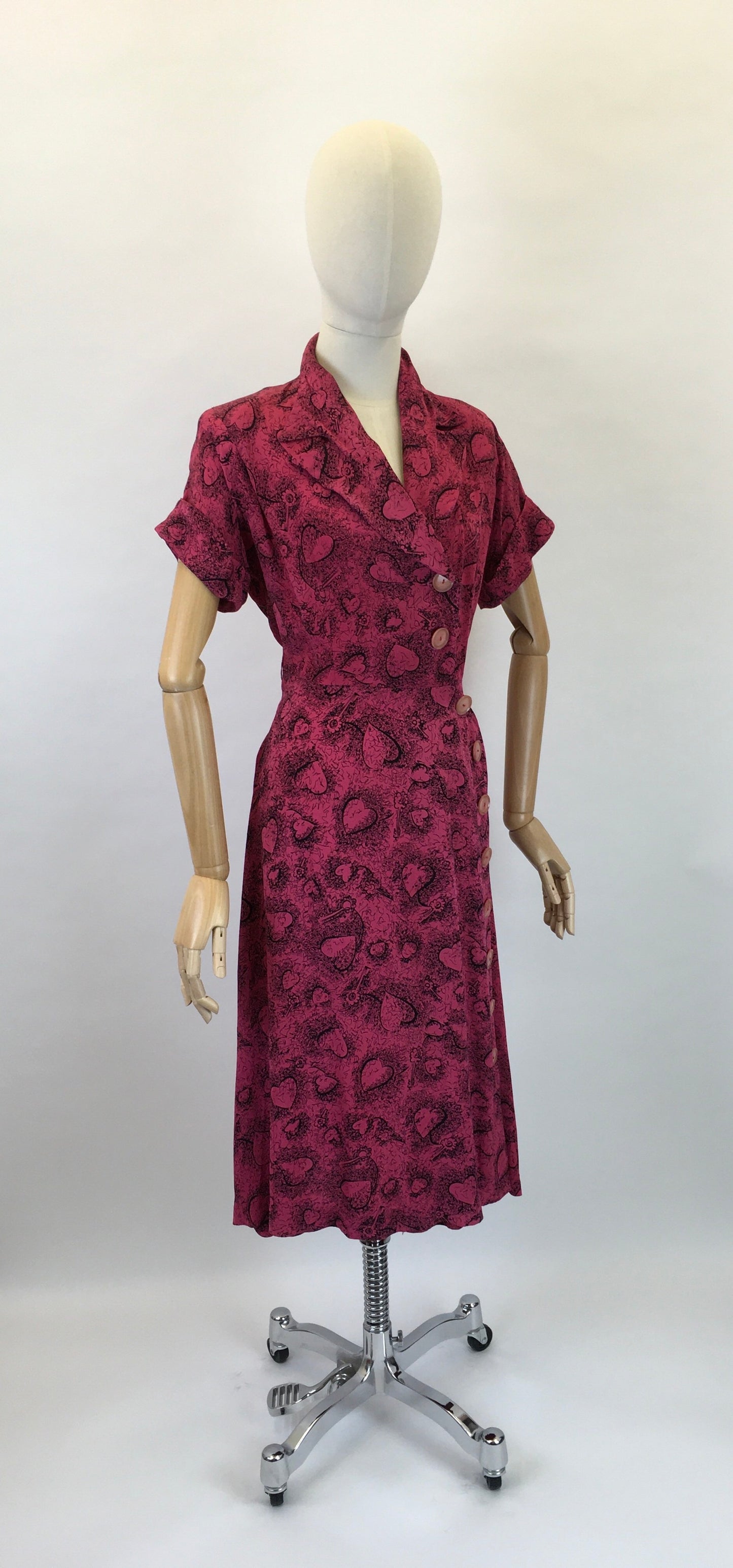 Original 1940s STUNNING Novelty Print Rayon Dress - Love Heart and key Illustrations In Rich Magenta and Black