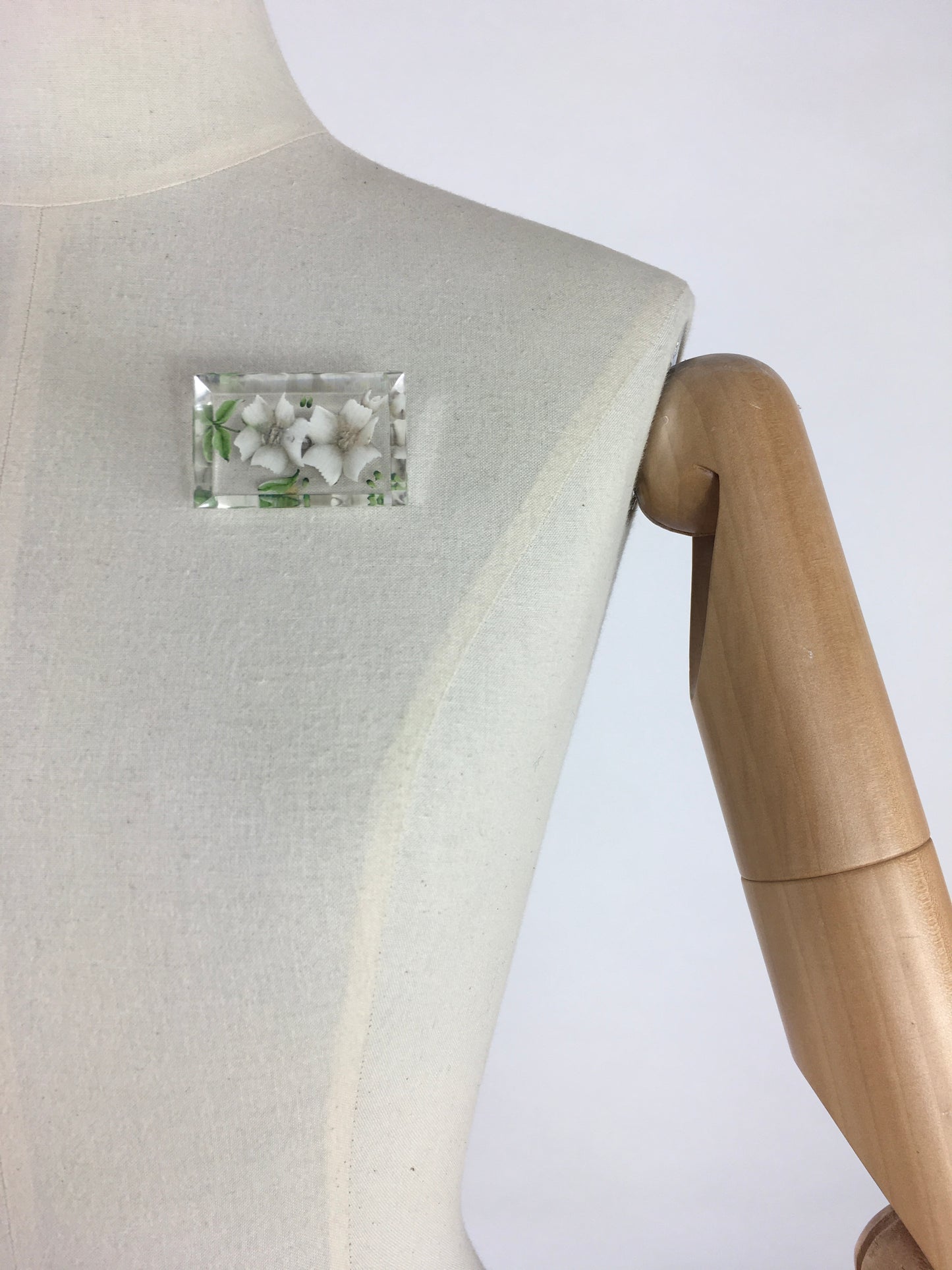 Original 1940’s Rectangle Lucite Brooch - Bevelled Edge with White And Green Floral Design