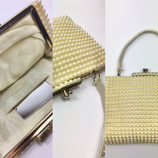 Original 1950’s Fabulous Pearly Handbag - In A Lovely Warm Cream With Internal Pocket Mirror