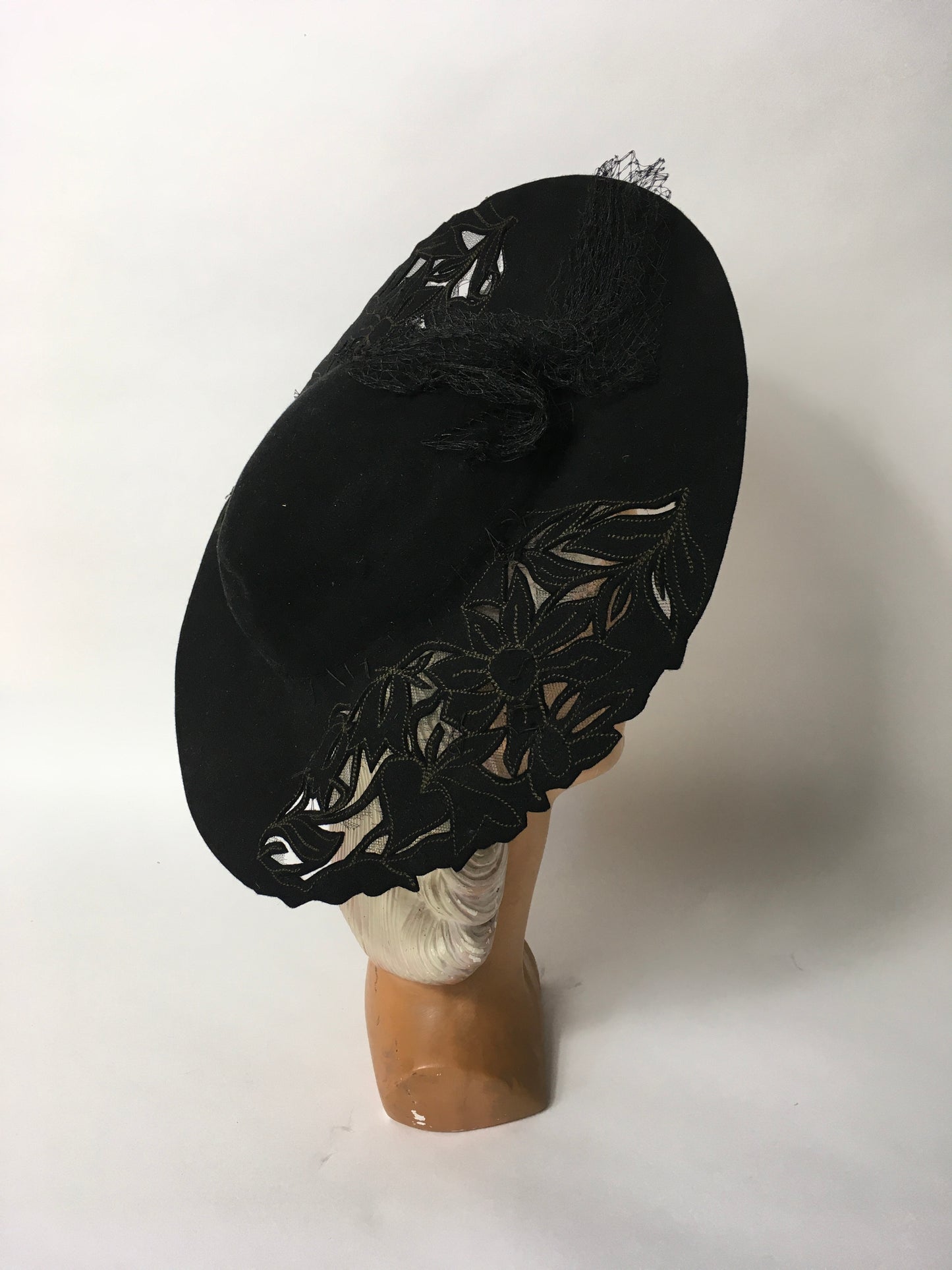 Original 1940’s Black Halo Hat - Illusion cutwork detailing and Floral Adornment