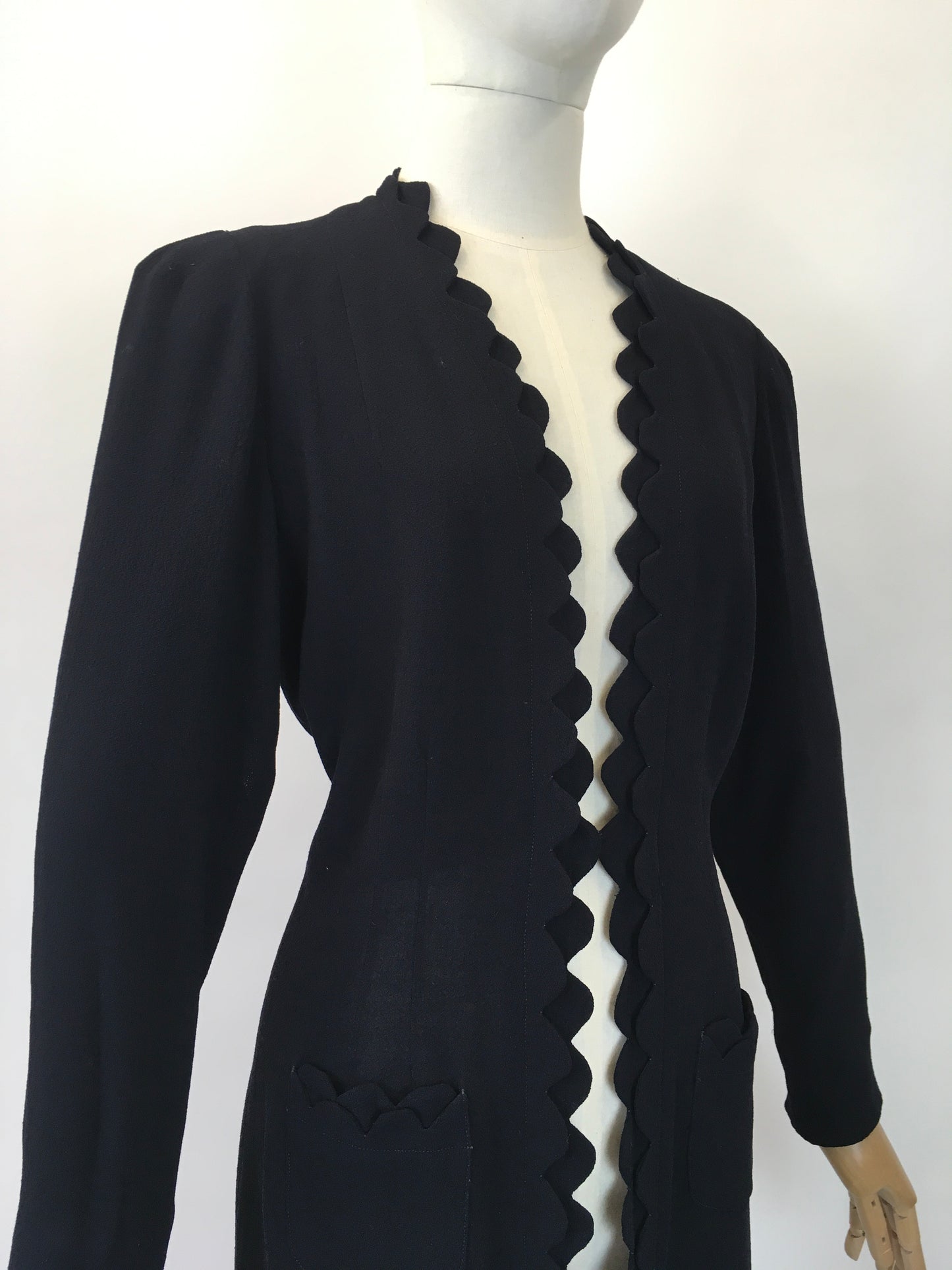 Original 1930's Exquisite Double Scalloped Edge to Edge Overcoat - In A Classic Navy Crepe