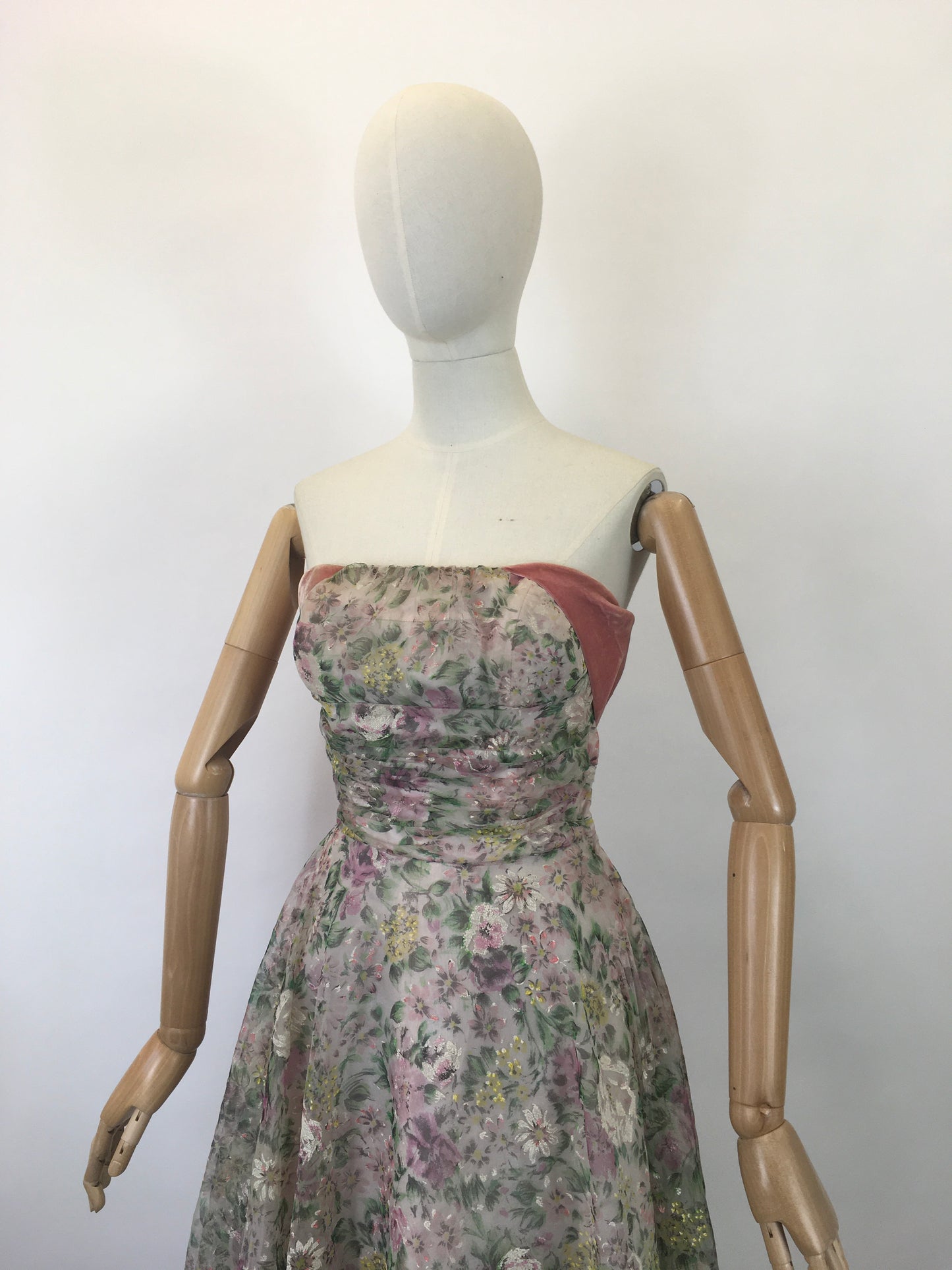 Original 1950's SENSATIONAL Floral Dress - By ' Sambo Fashions' with Boning and Velvet Trim