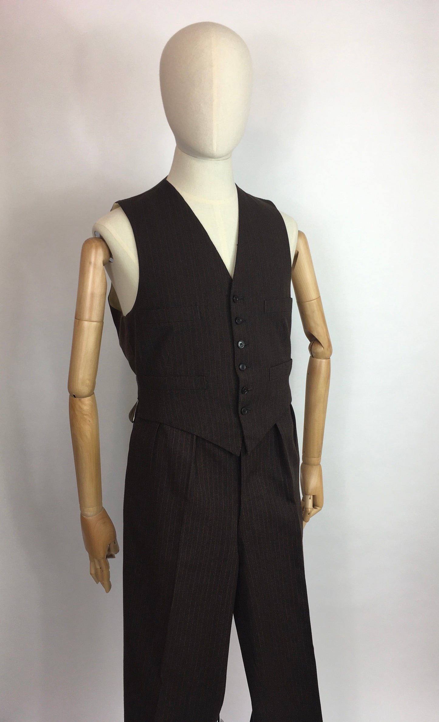Original 1940’s Gents 2pc Waistcoat and Trousers Set - Made from A Lovely Brown Cloth with Orange Pinstripe