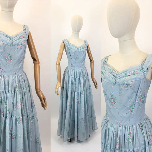 Original 1950’s Darling Full Length Prom Dress - In A Lovely Powder Blue Floral Tulle.