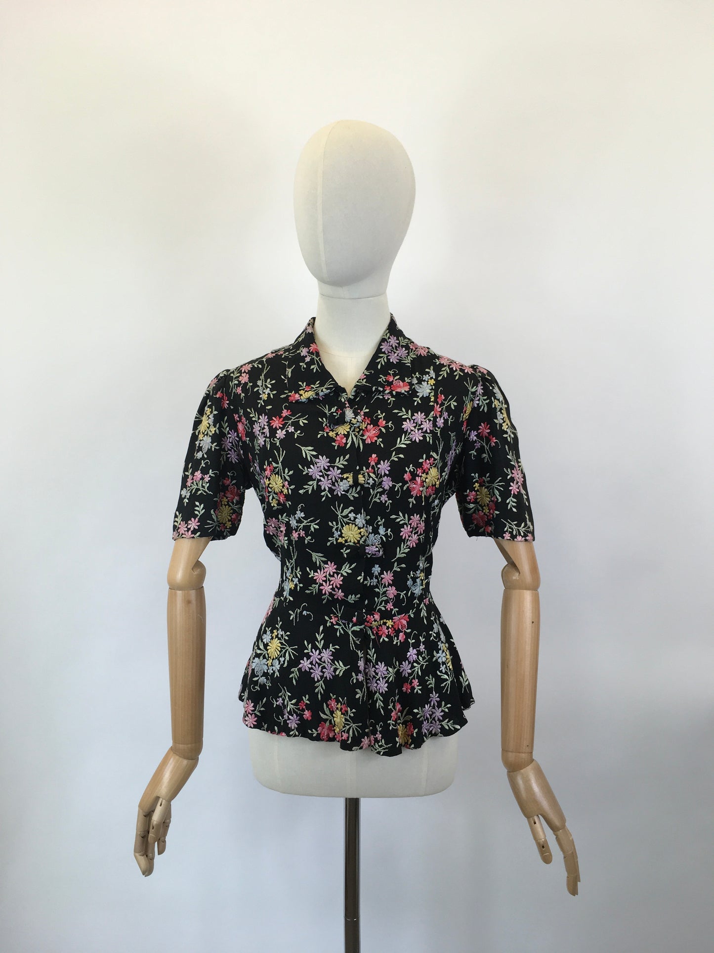 Original 1930’s Black Crepe Embroidered Blouse with Bows - In A Wild Flower Meadow Colour Pallet