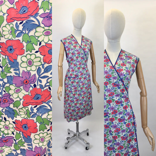 Original 1940’s Utility CC41 Wraparound Pinny - In A Lovely Bright Floral in Reds, Purples, Greens & Blues