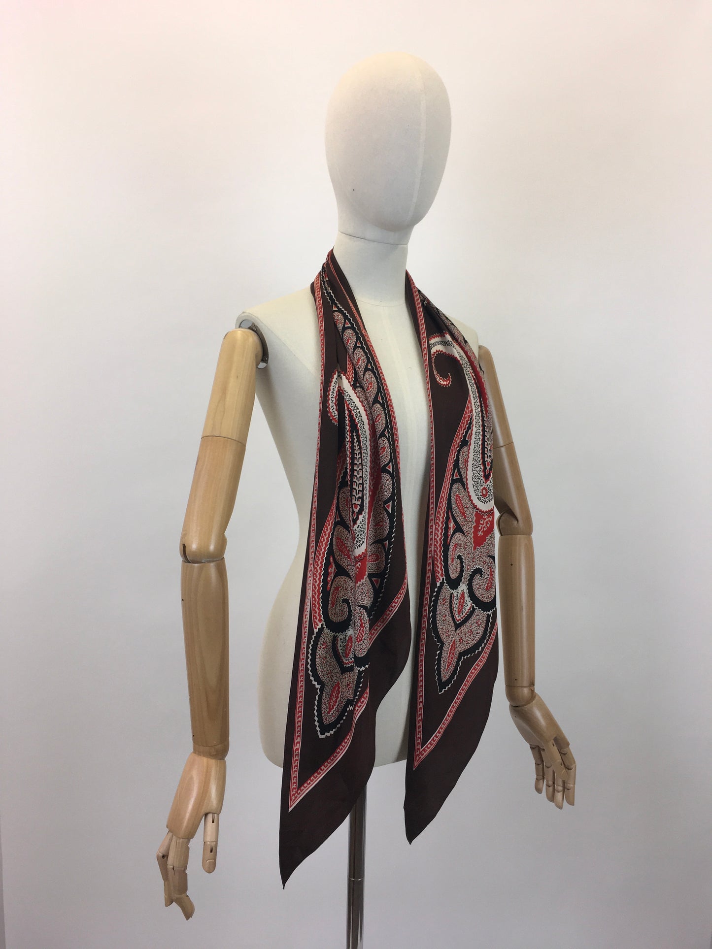 Original 1930's Art Deco Silk Rayon Paisley Pointed Scarf - In Warm Browns, Reds, Black and White