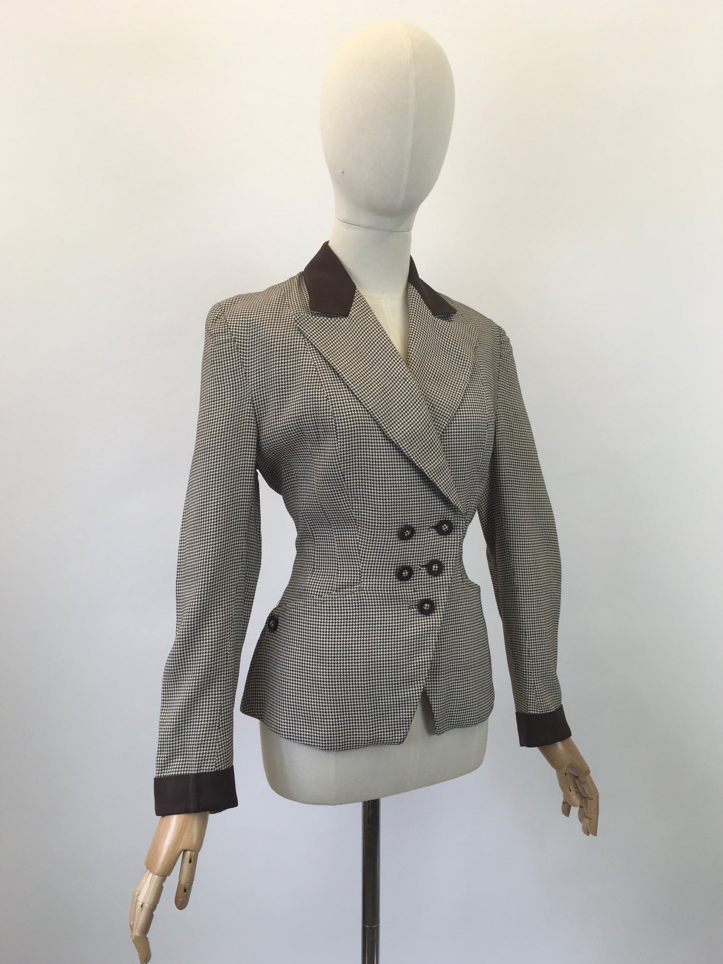 Original 1940's Stunning Asymmetric Jacket - In A Coffee And Cream Houndstooth