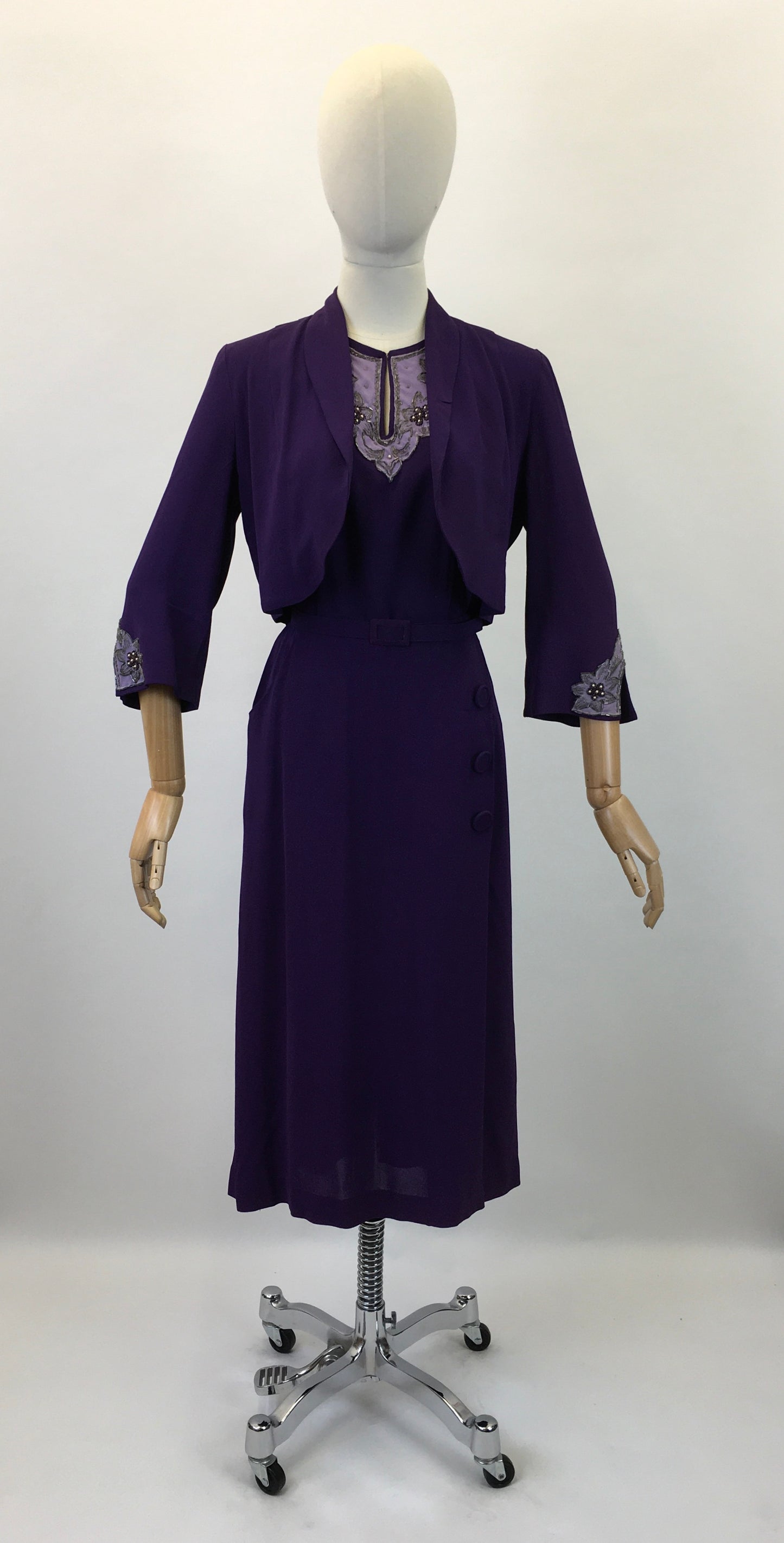 Original 1940's Amazing 3pc Set In Cadbury Purple - With Sensational Beadwork Detailing