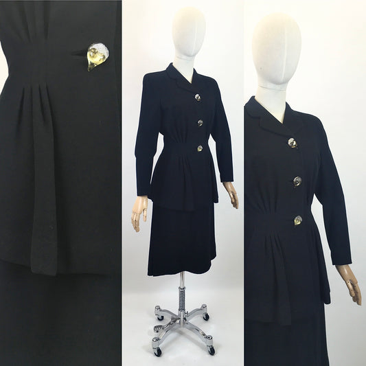 Original 1940’s Sensational 3pc Suit in Black Wool - With Amazing Teardrop Buttons