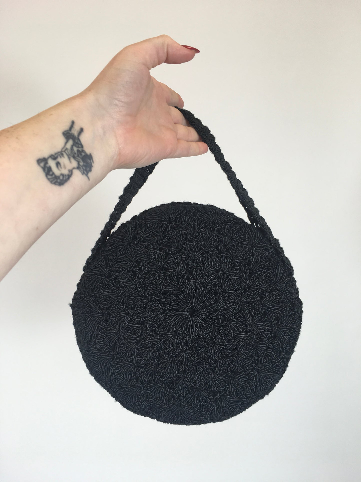 Original Late 1940's Circular Crochet Handbag - In Black