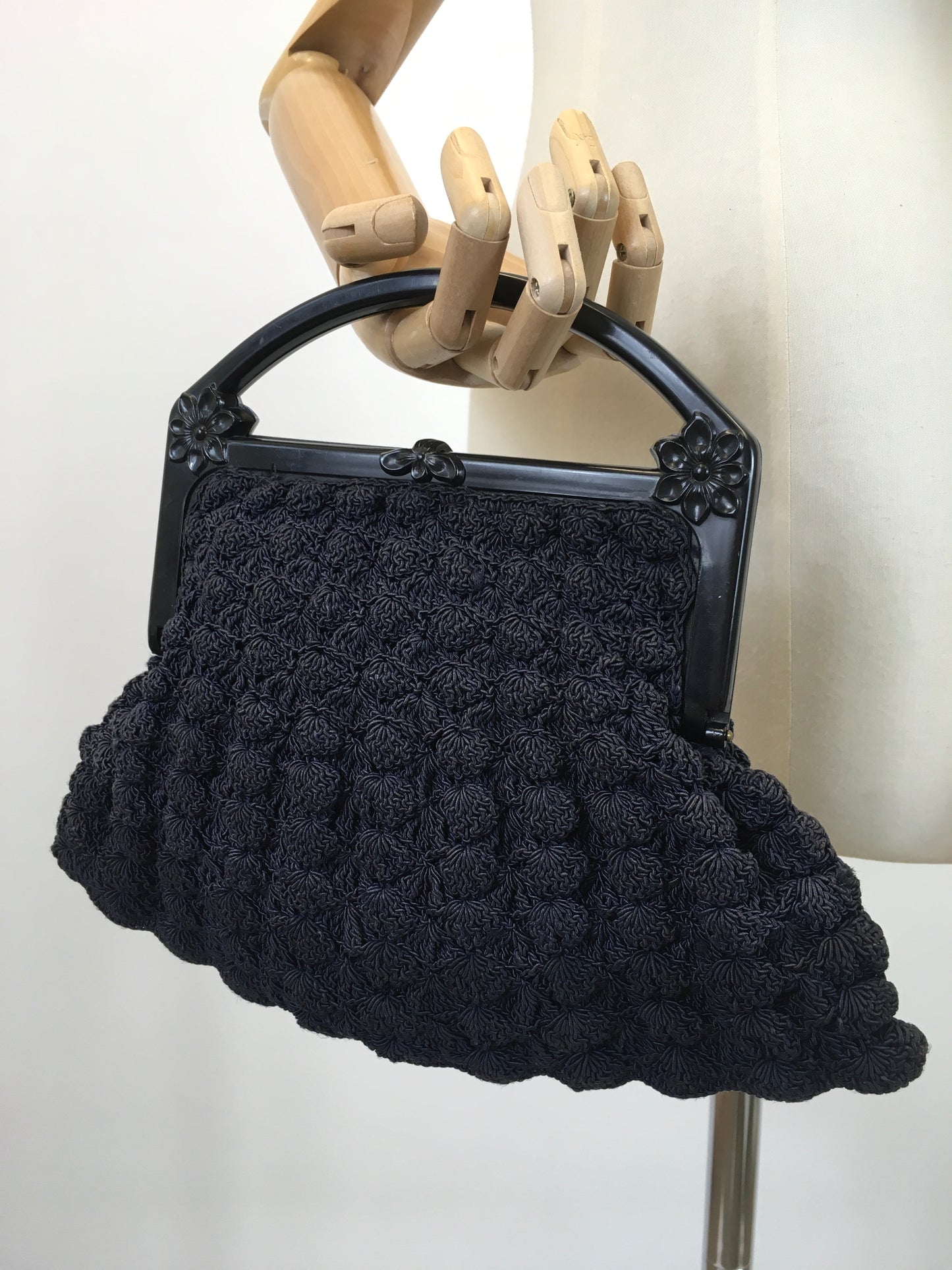 Original Stunning 1930's Popcorn Crochet Handbag - With Celluloid Embossed Handle in Navy