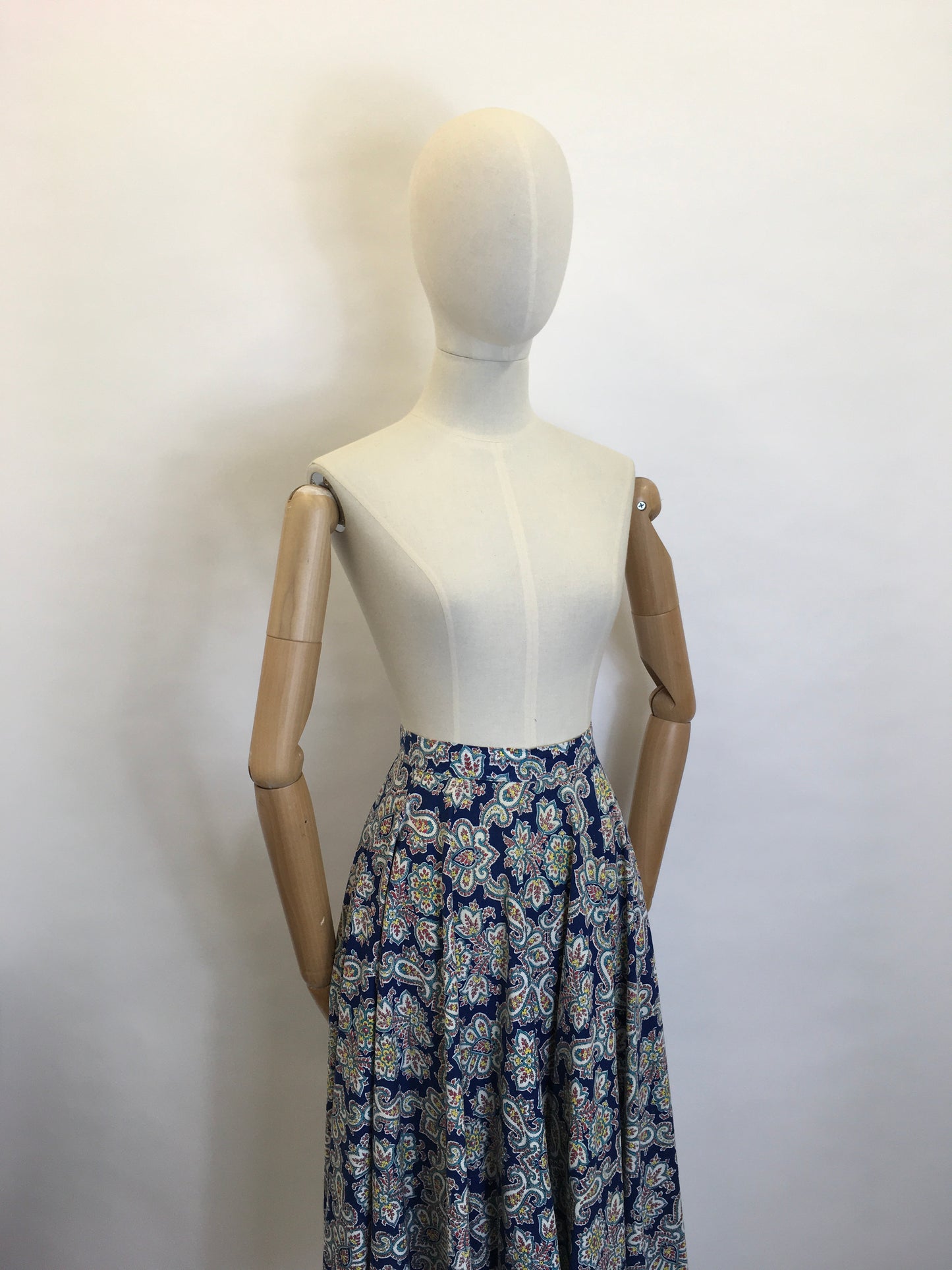 Original 1950's ' St. Michael' Cotton Skirt - Made From A Beautiful Paisley Floral in Blue