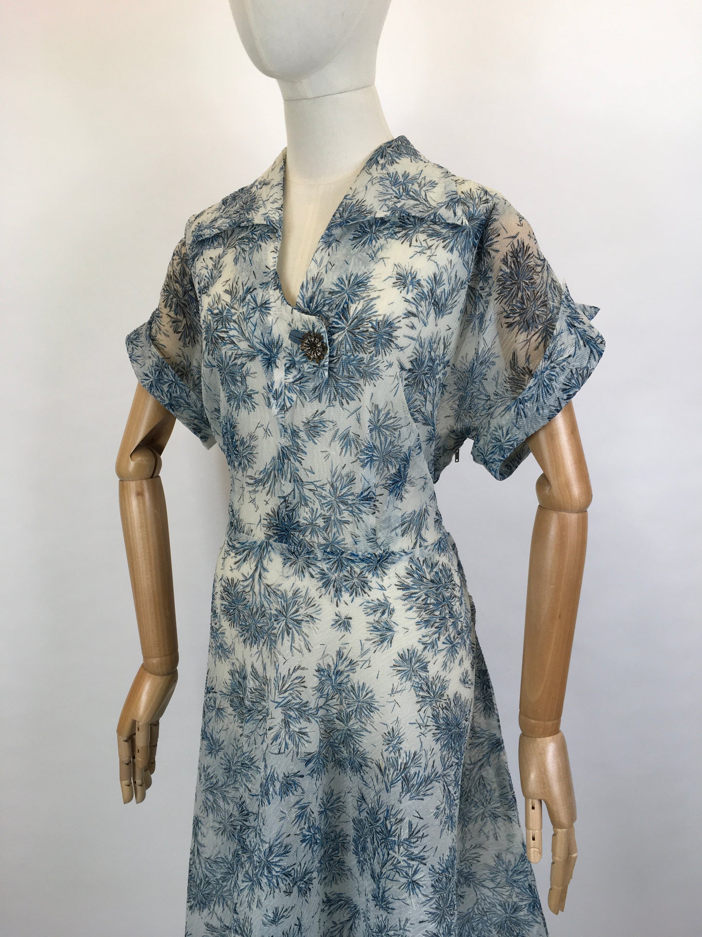 Original Early 1950’s Sheer Nylon Floral Dress - In A Lovely Soft Blue Floral