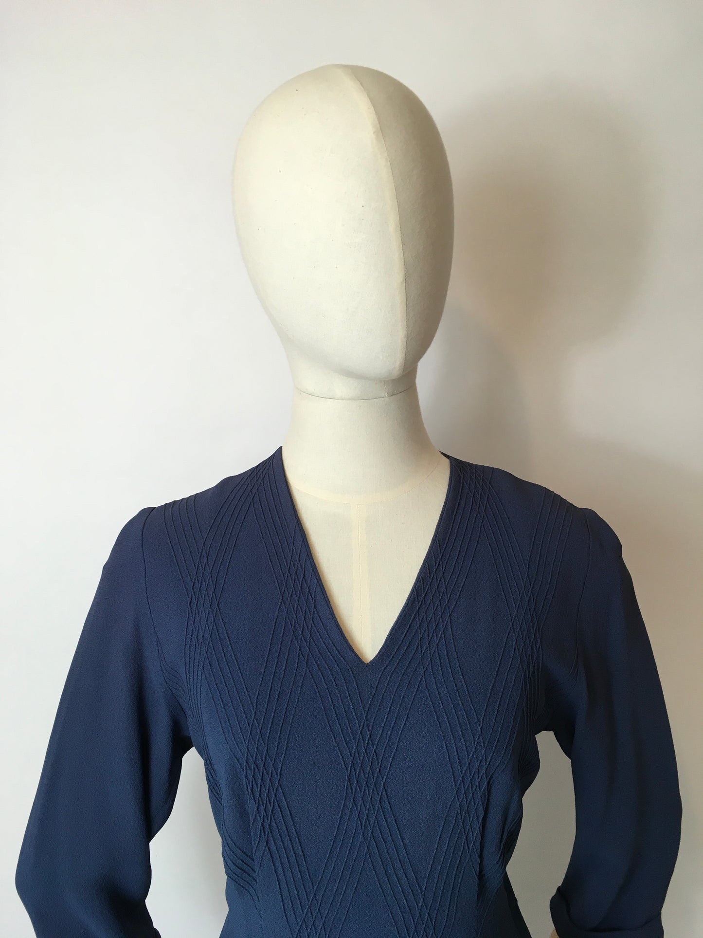 Original 1940’s Airforce Blue Crepe Day Dress - Lovely Criss Cross Detailing to the Bodice