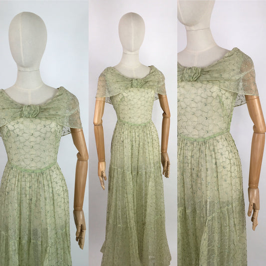 Original 1930s Full Length Summer Dress - In a Beautiful Soft Green Embroidered Cotton Lawn